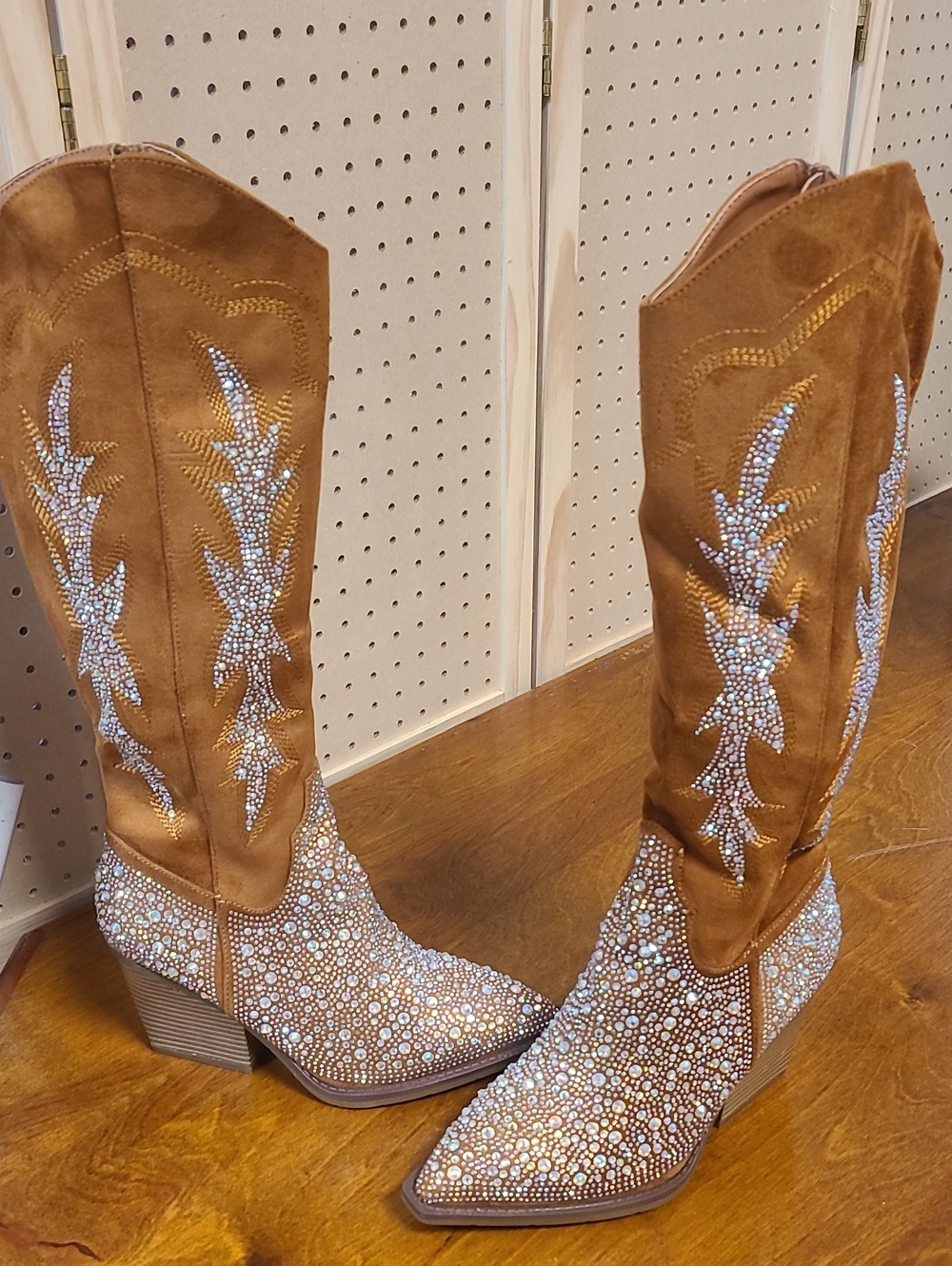 NIB Rhinestone Embellished Tan Western Knee-High Boots - Women's
